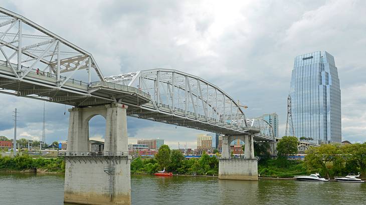 A bridge across a river with greenery and buildings on one side of it