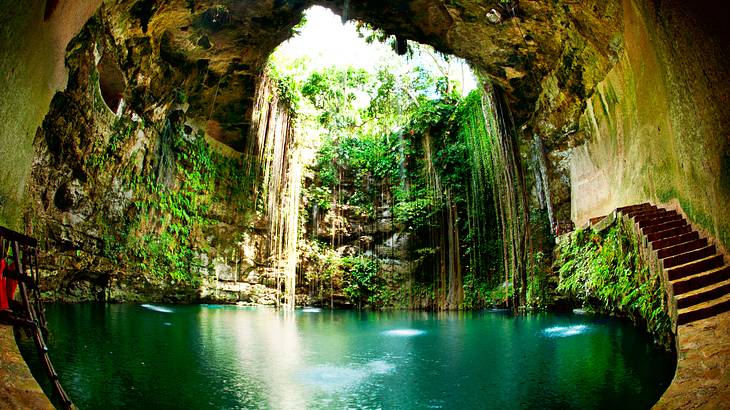An underground cenote with turquoise water and greenery-covered walls