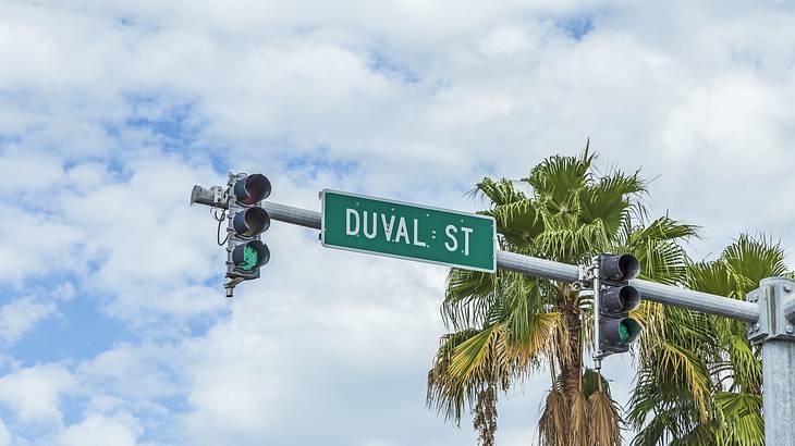 A street sign that says Duval Street with traffic lights next to it and palms behind