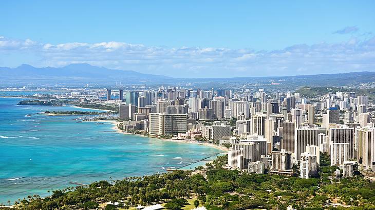 A city skyline with trees to one side and a beach and ocean in front