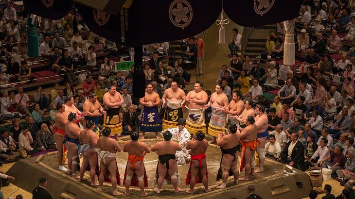 Sumo wrestlers forming a circle on a stage in front of spectators