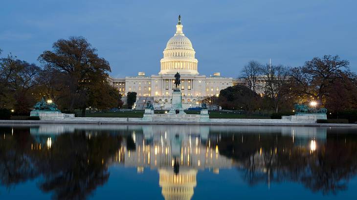 The US Capitol building at night with water and trees in front of it