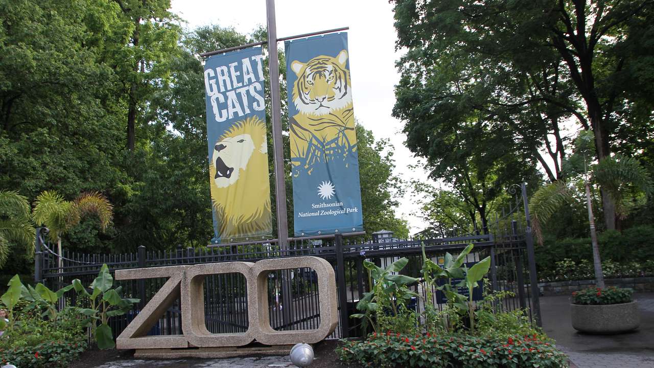 A zoo sign with banners with a lion and tiger on them surrounded by greenery