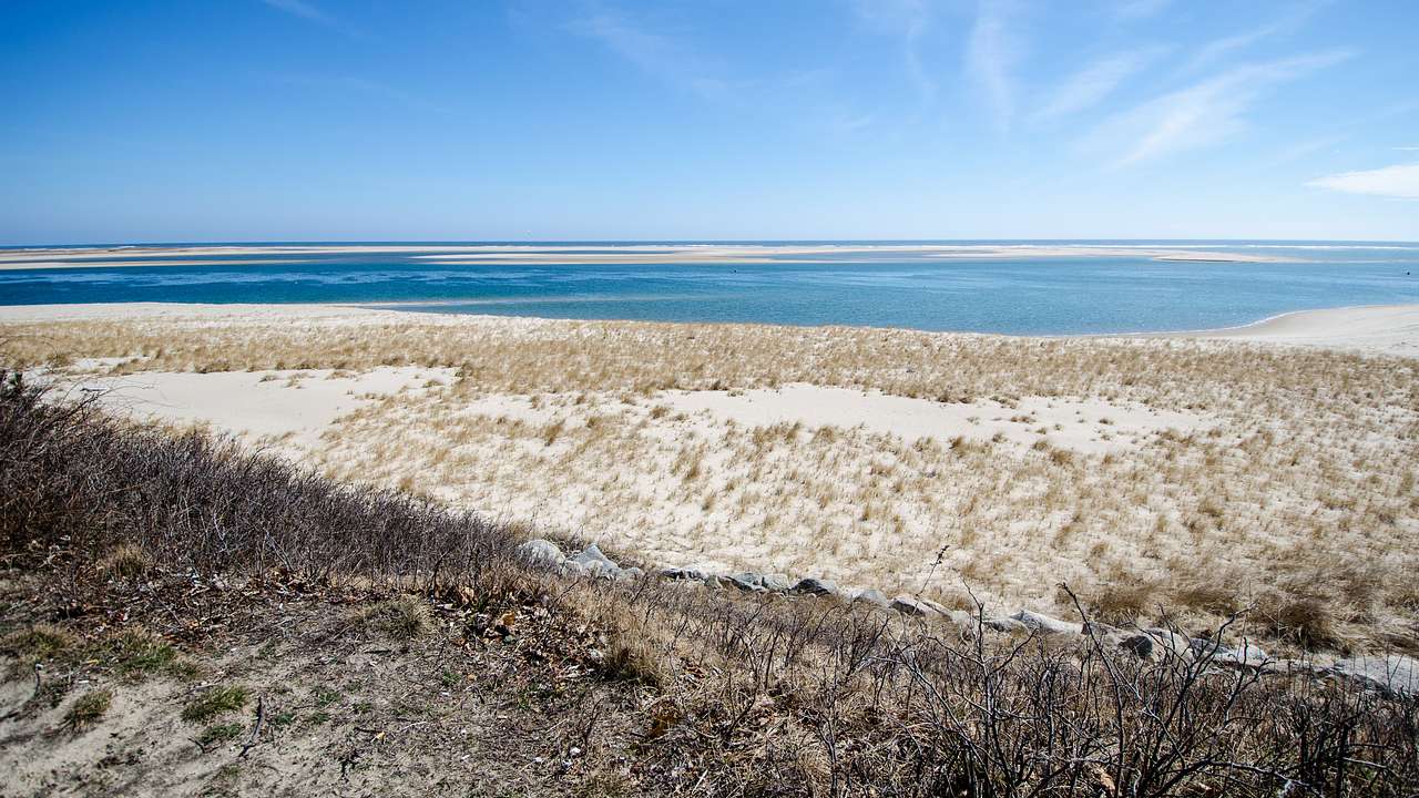 A white sandy beach with light grass in the sand and the ocean in the distance