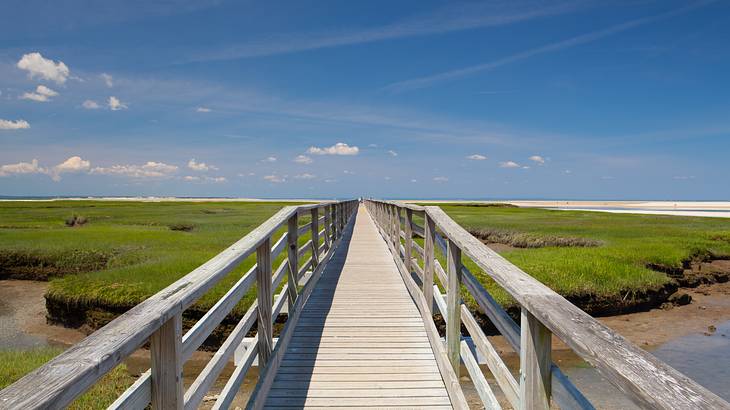 A wooded boardwalk-style bridge going over sand and a river with grass in front