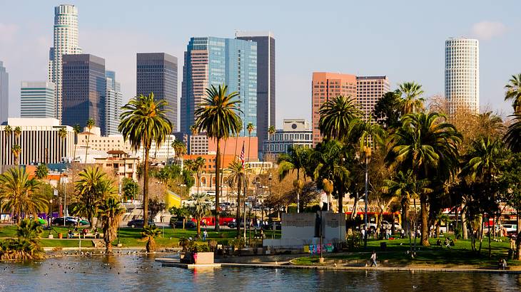 A city skyline with palm trees, a green park, and water in front of it