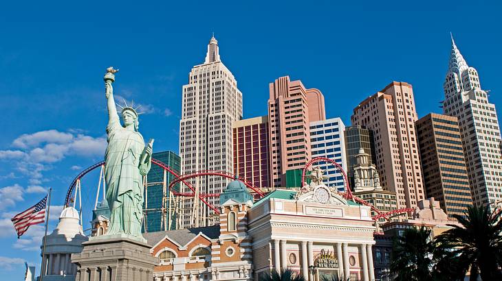 A replica of New York City with Statue of Liberty and skyscrapers