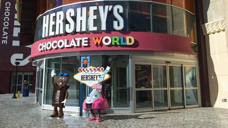 A shop with a "Hershey's Chocolate World" sign and chocolate characters out front