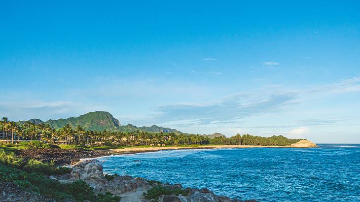 Seawater with a sandy shore, and green land and hills to the side under a blue sky