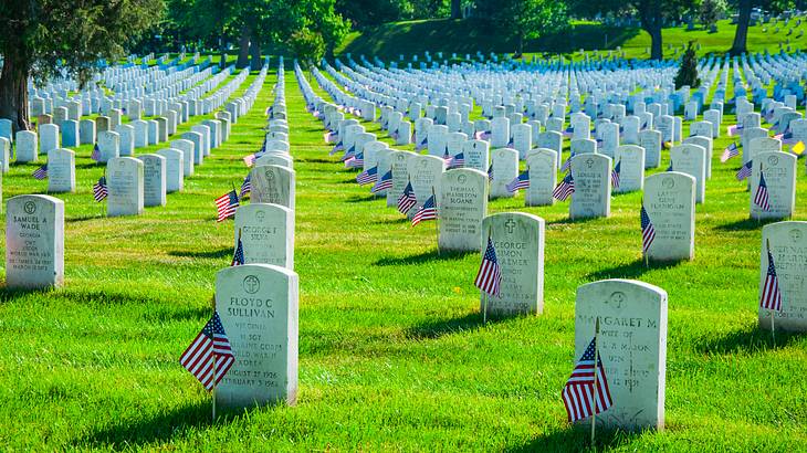Small US flags planted in front of tombstones arranged in a grid on a grassy field