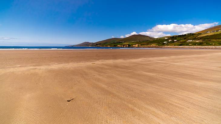 A long sandy beach with mountains in the background