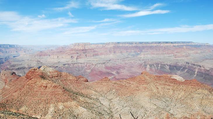 A vast dry canyon landscape against blue sky from above