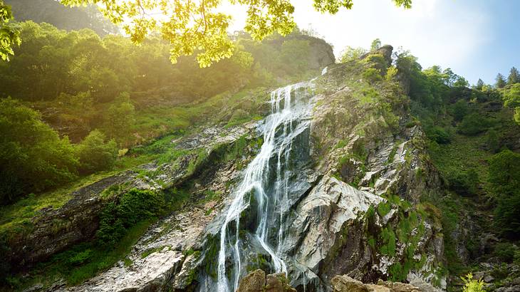Water cascading down a rocky cliff surrounded by greenery from below