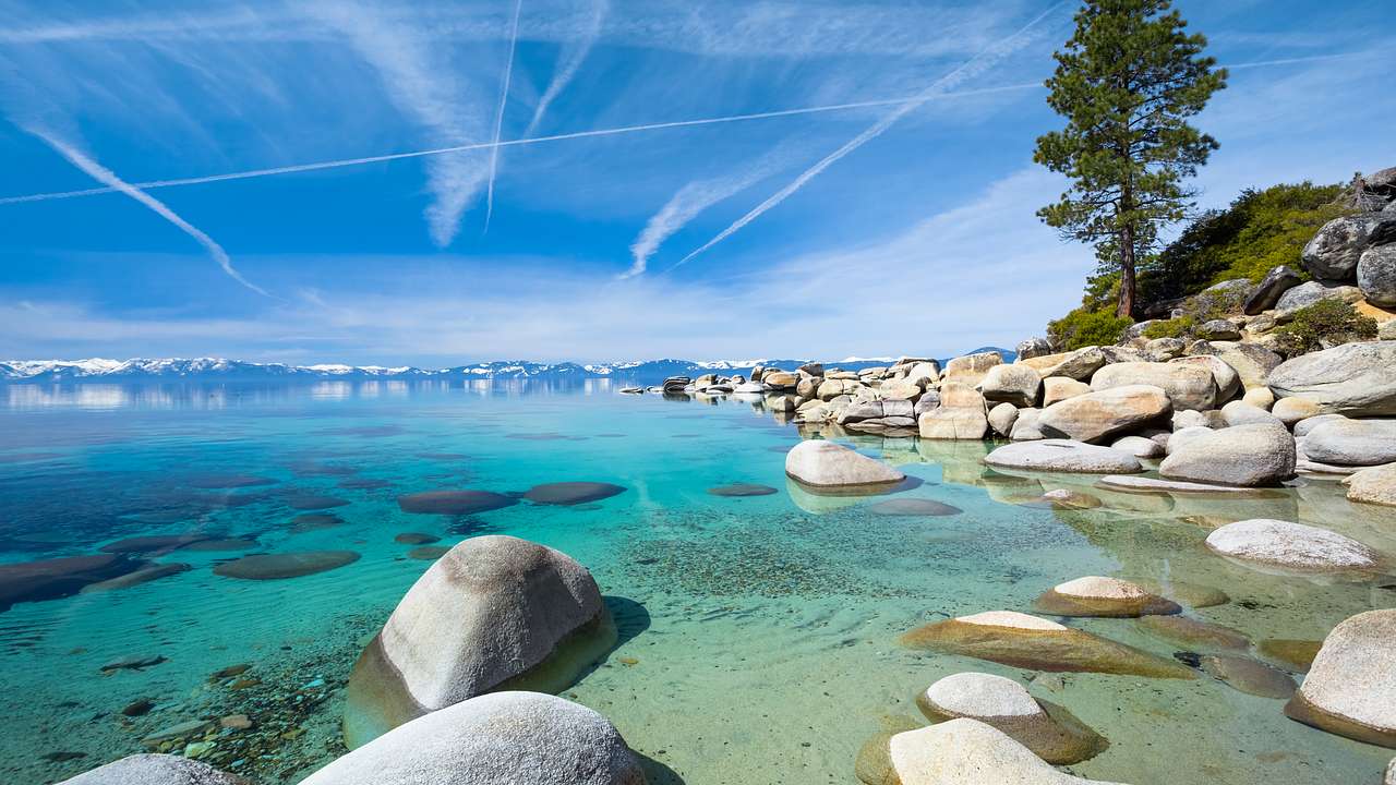 Gray rocks on turquoise water with a tree on the right and mountains at the back