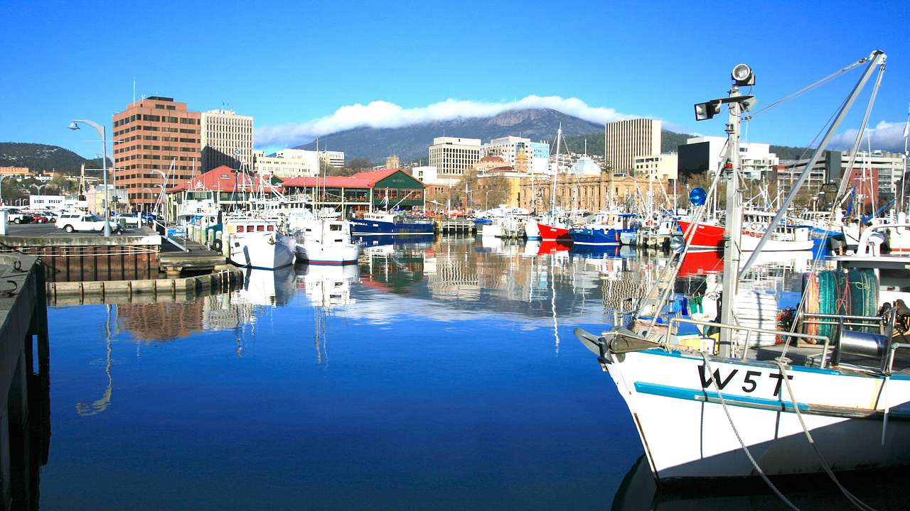 Waterfront with docked white boats in front of buildings and a mountain at the back