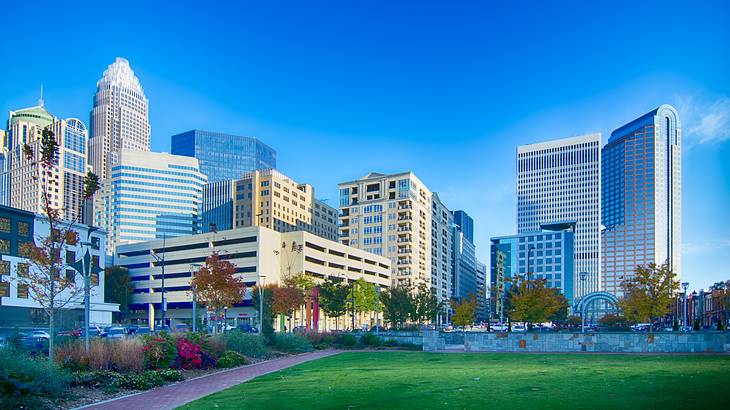 A city skyline full of tall buildings, with a path and grass in front