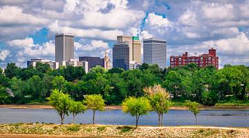 A body of water with trees, buildings and fluffy clouds in the background