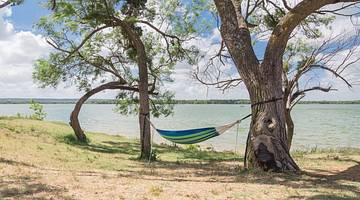 A blue-green hammock tied to two trees above spare grass, along a lake