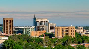 A side view of a city skyline full of concrete buildings and green trees at dawn