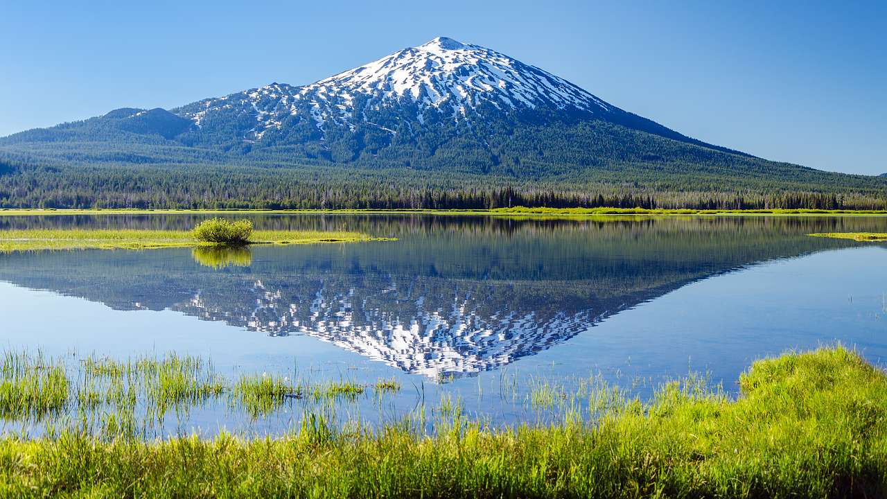 A snowy mountain peak with greenery reflected in water with grass in front