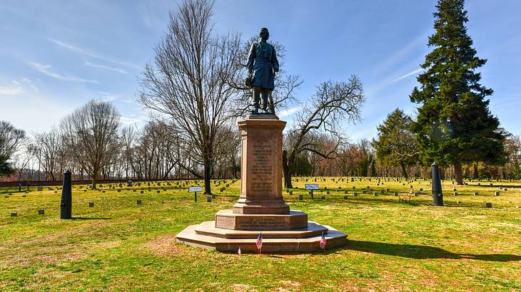 A statue of a man in the middle of a green cemetery lawn with trees around